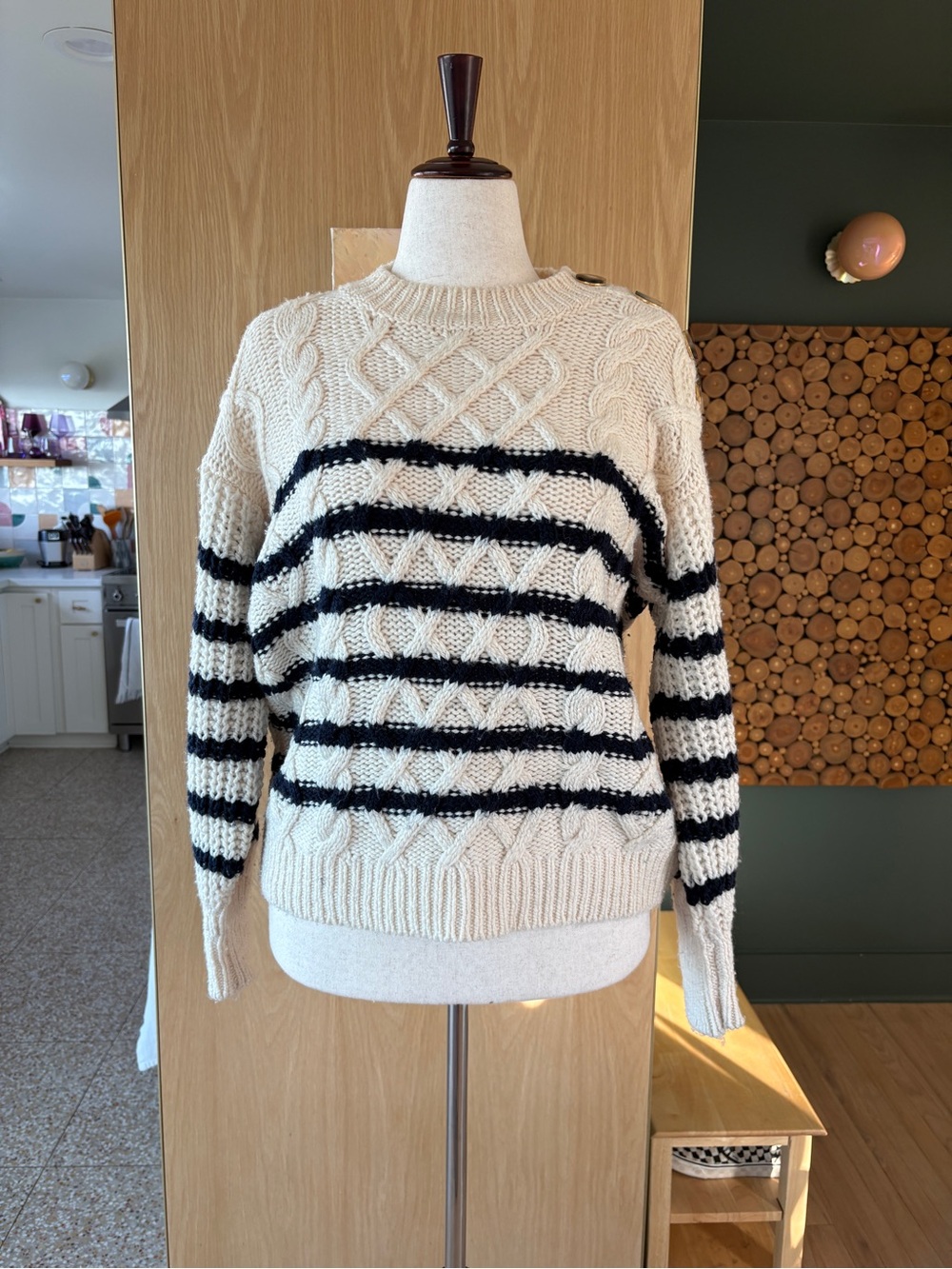 Sezane Cream and Blue Striped Cable Sweater